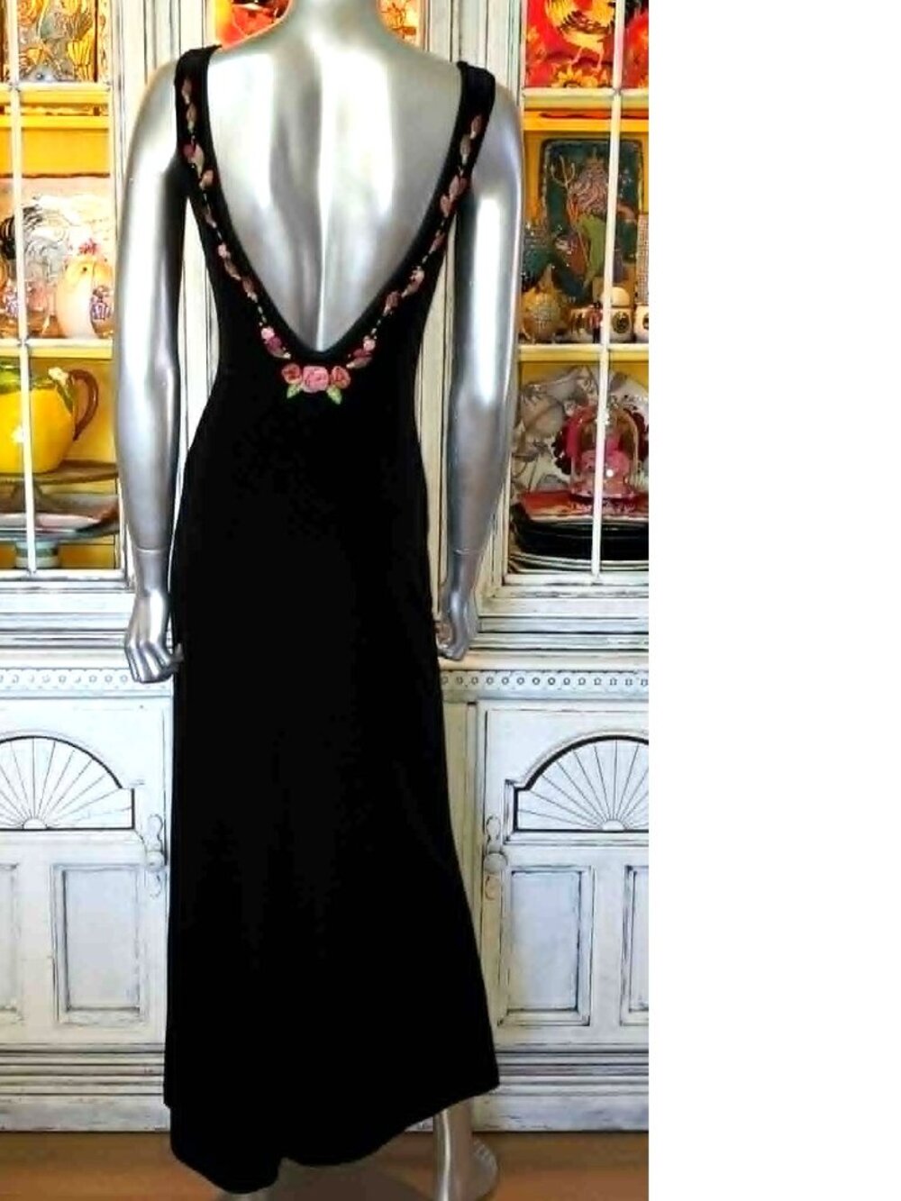 Vintage Betsey Johnson Slip Dress Evening 90s Black Velvet Backless Rose Floral - Picture 8 of 16